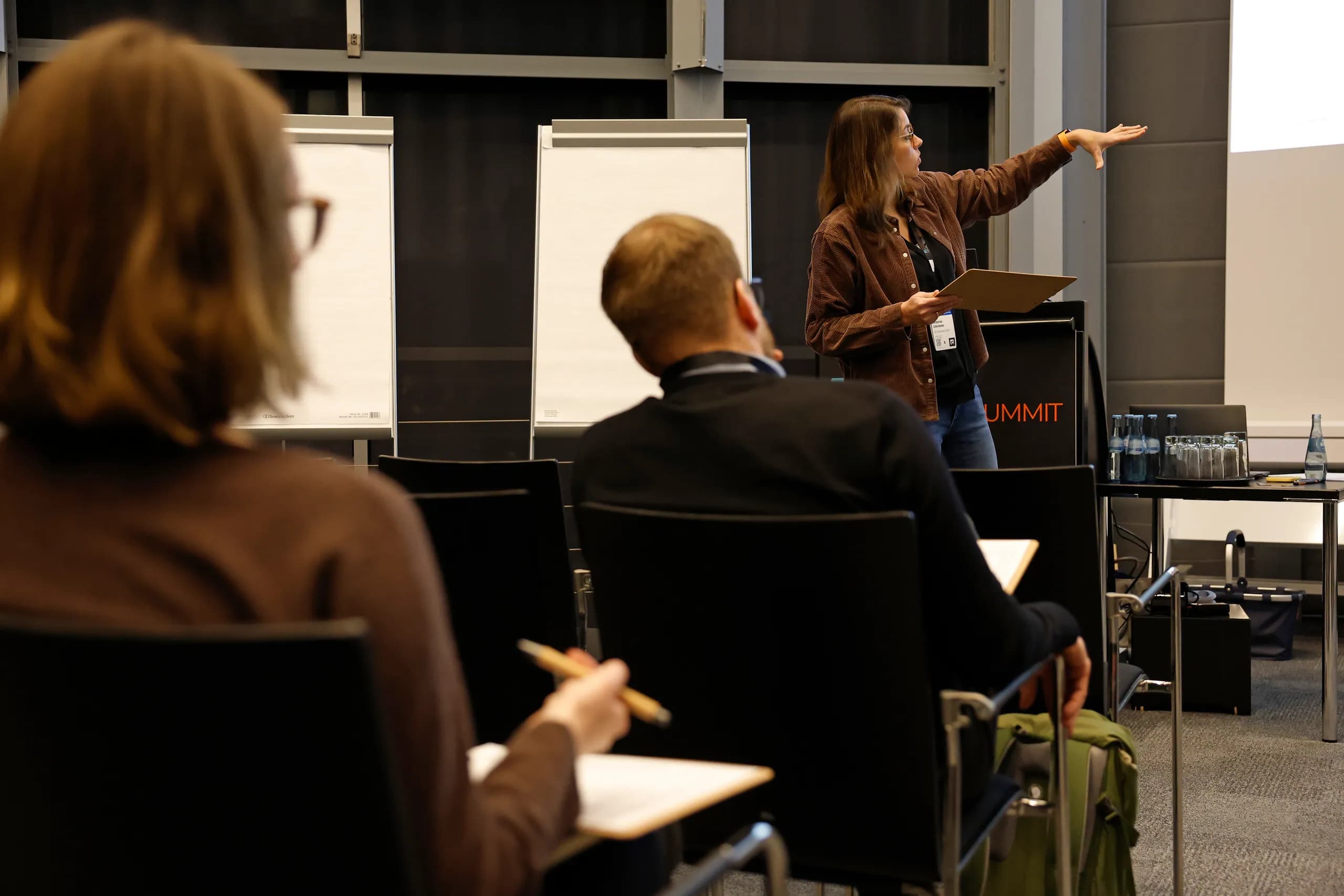 Workshop mit Flipcharts, eine Moderatorin zeigt auf die Tafel